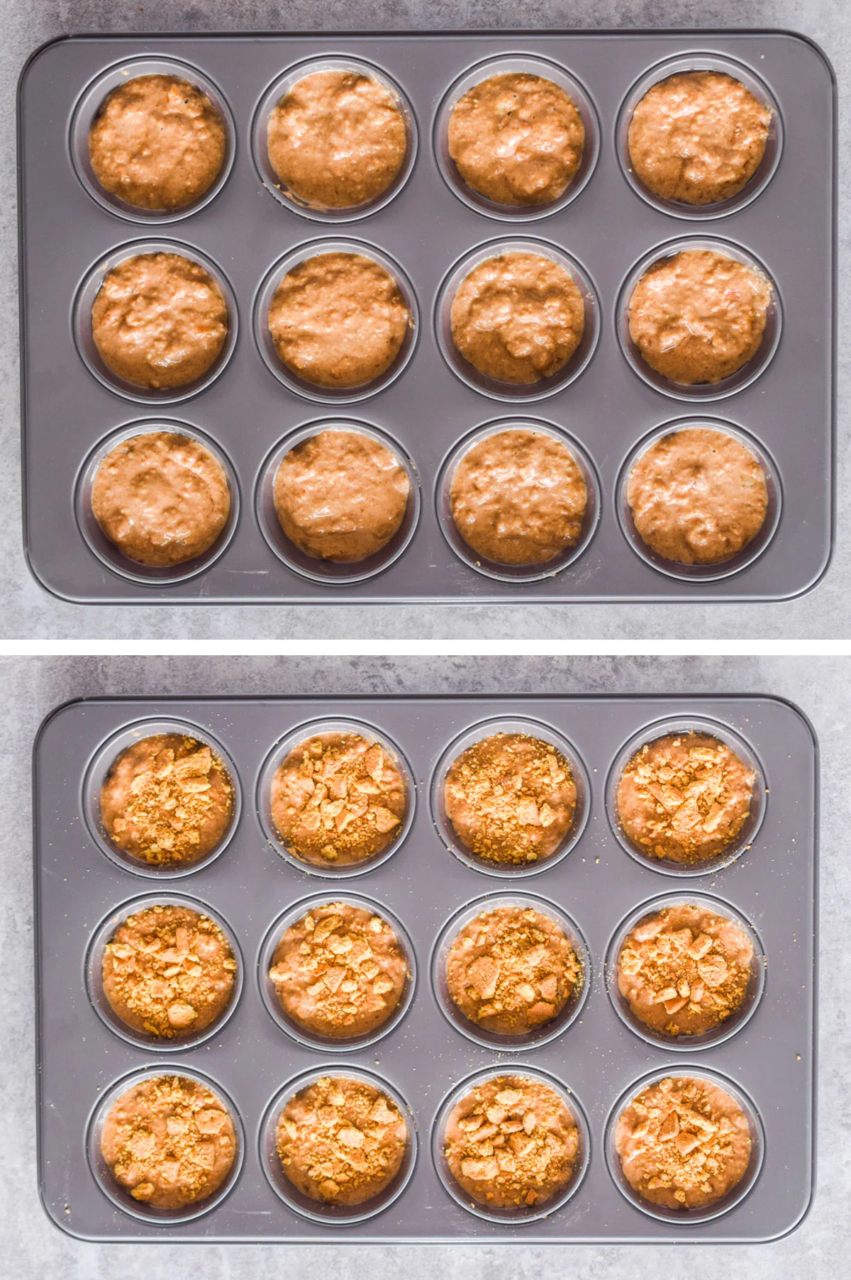 A muffin pan with batter and crumbled graham crackers on top