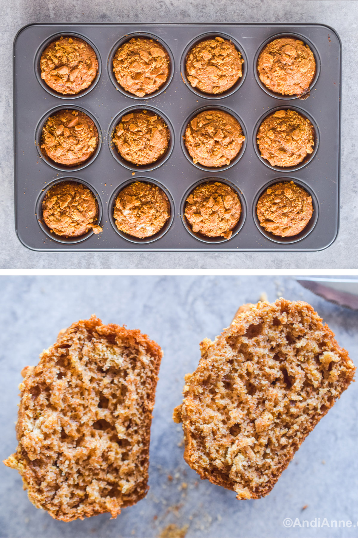 Muffin pan with baked muffins inside, and one muffin cut in half.