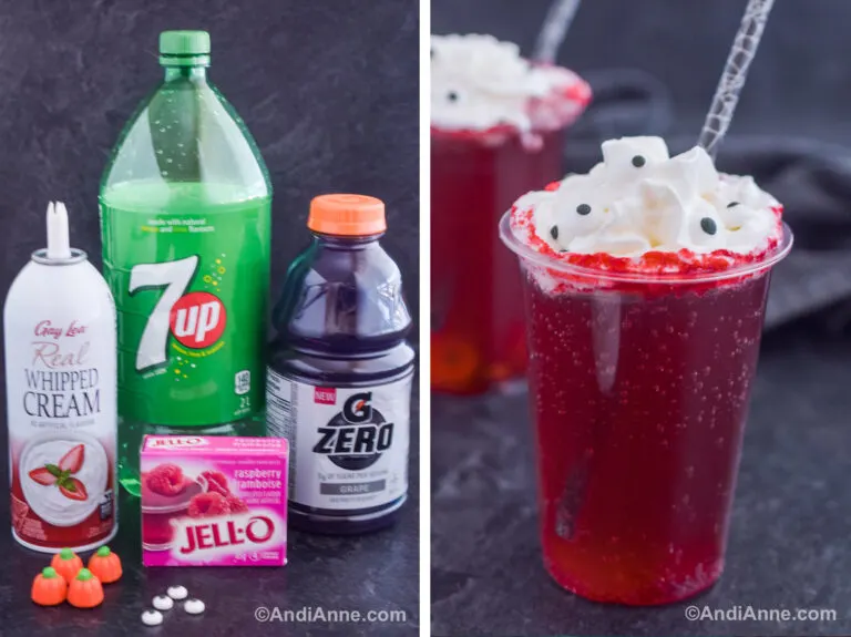 Two images together. First is ingredients to make the drink. Second is two witches brew drinks with candy eyeballs on top and black straws.