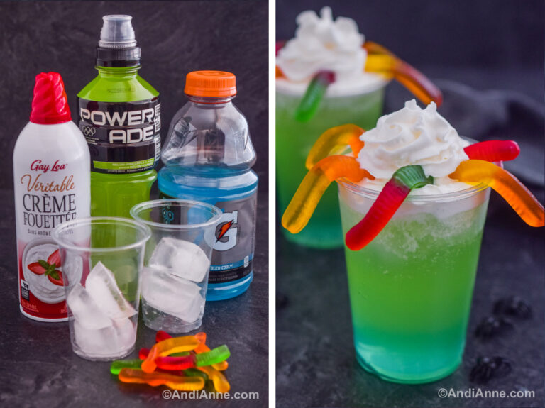 Two images together, first is ingredients to make the drink, second is two wiggly worms drinks with whipped cream topping and gummy worms.