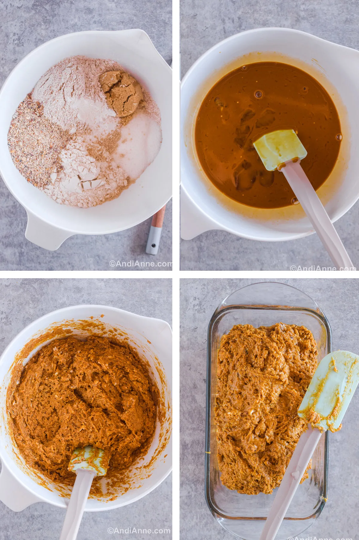 Four images showing steps to make the recipe. First is dry flour ingredients, sugars and baking powder. Second is dark brown wet ingredients in bowl with spatula. Third is brown wet batter in a white bowl with spatula. Fourth is batter dumped into glass loaf pan with a spatula on top.