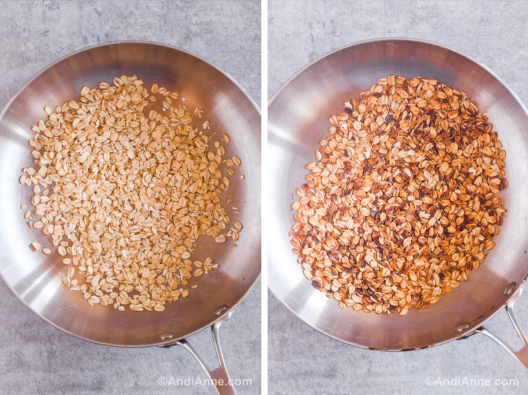 Two images of a frying pan. First with untoasted rolled oats. Second with toasted rolled oats.