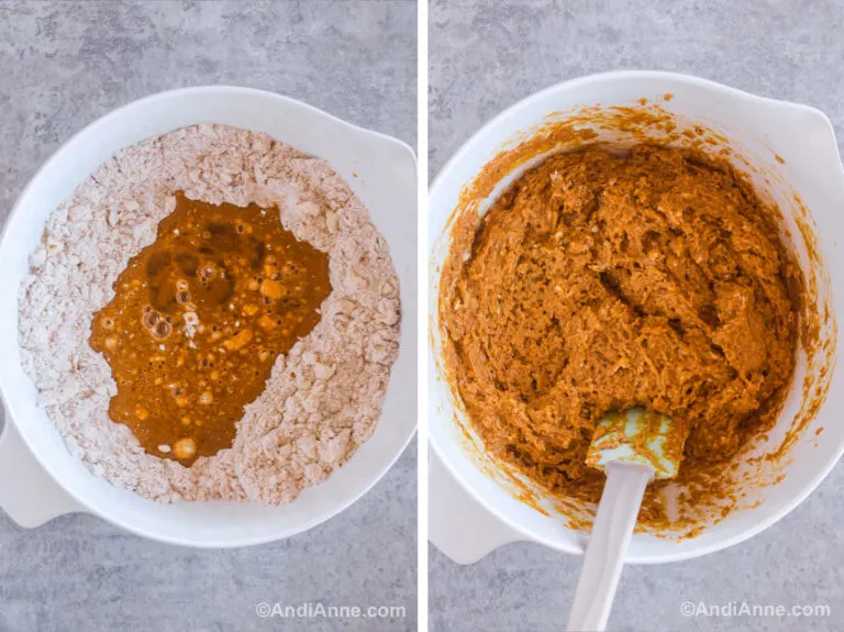Two images of a white bowl. First is flour mixture and wet ingredients poured on top. Second is dark brown batter mixed together and spatula.