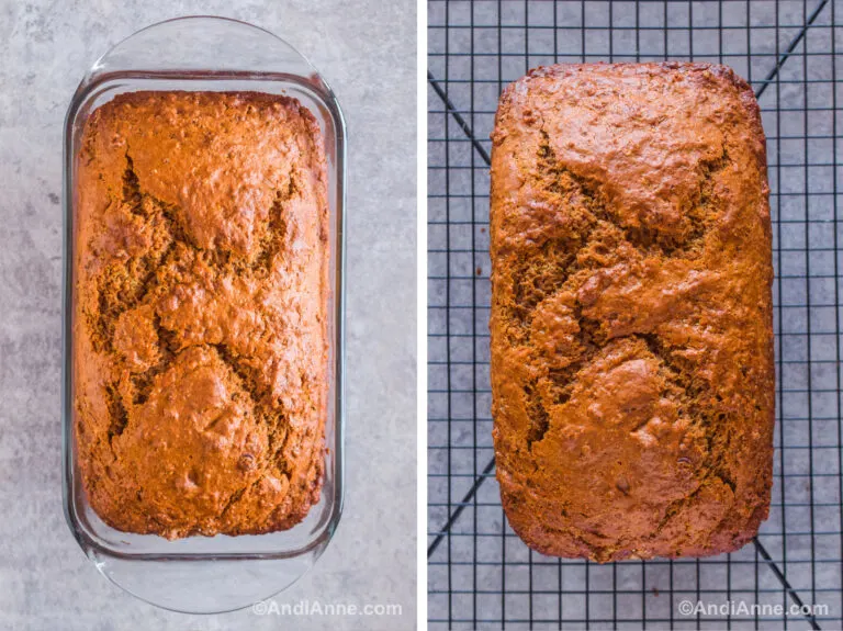 Two images. First is baked brown bread in glass loaf pan. Second is brown bread sitting on top of a wire cooling rack.