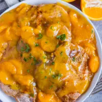 pork chops smothered in mandarin oranges and sauce.