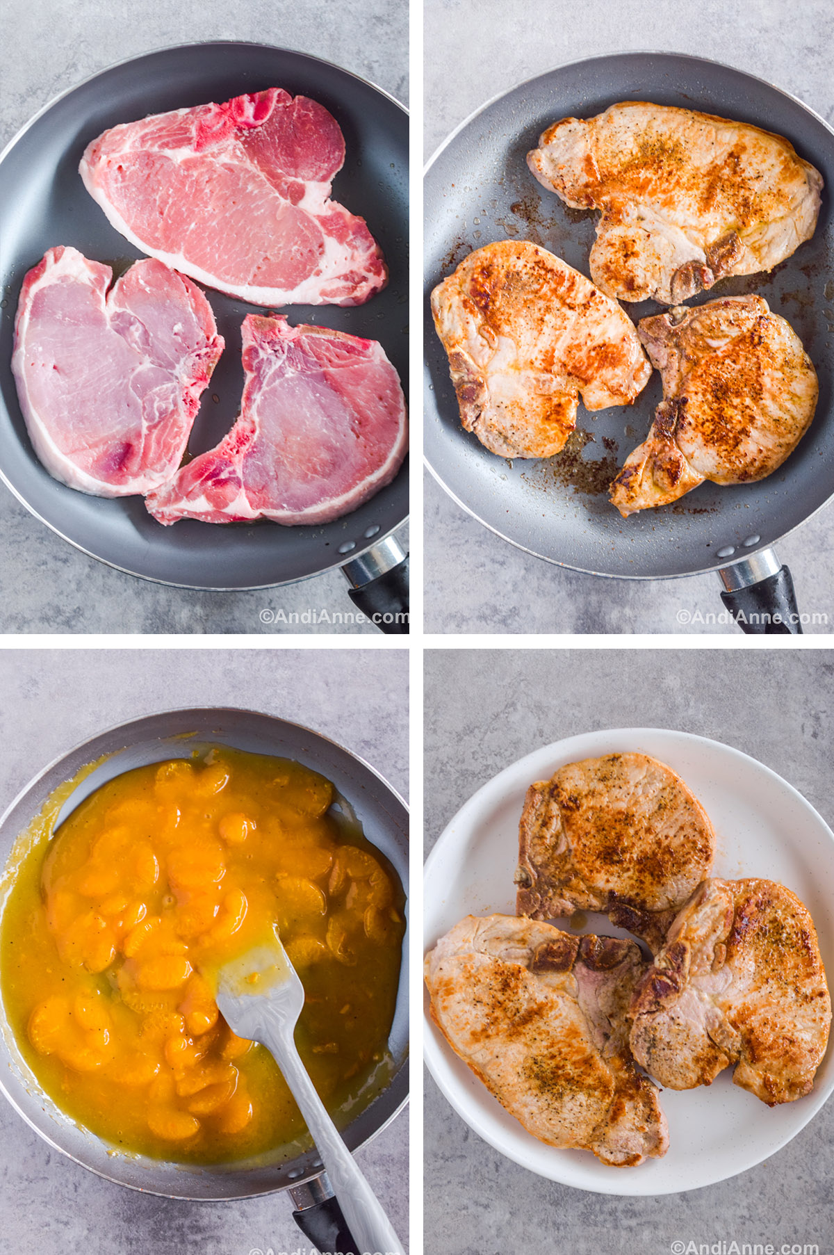 Four images grouped together. First is raw pork chops in a frying pan. Second is cooked pork chops. Third is orange sauce with canned mandarin oranges in frying pan. Fourth is cooked pork chops on a plate.