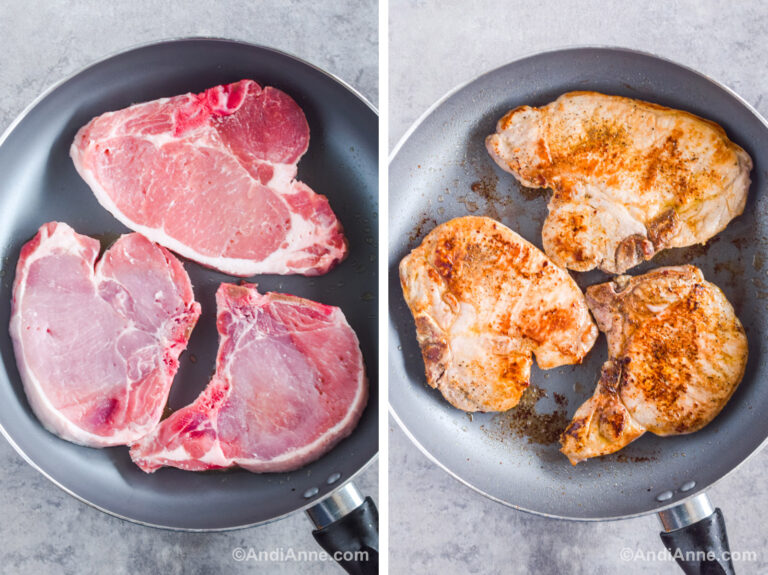 Two images of a frying pan with pork chops. First with raw chops, second with cooked chops.
