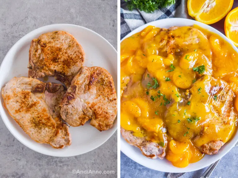Two images. First is a plate of cooked pork chops. Second is pork chops covered in mandarin oranges and orange sauce.