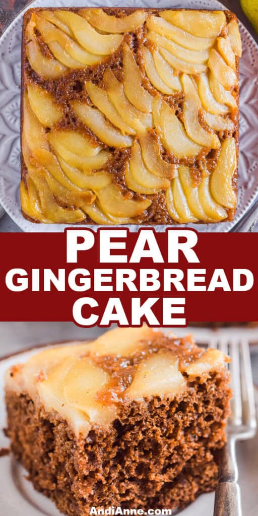 Pear gingerbead cake, the full cake, and a square slice of it