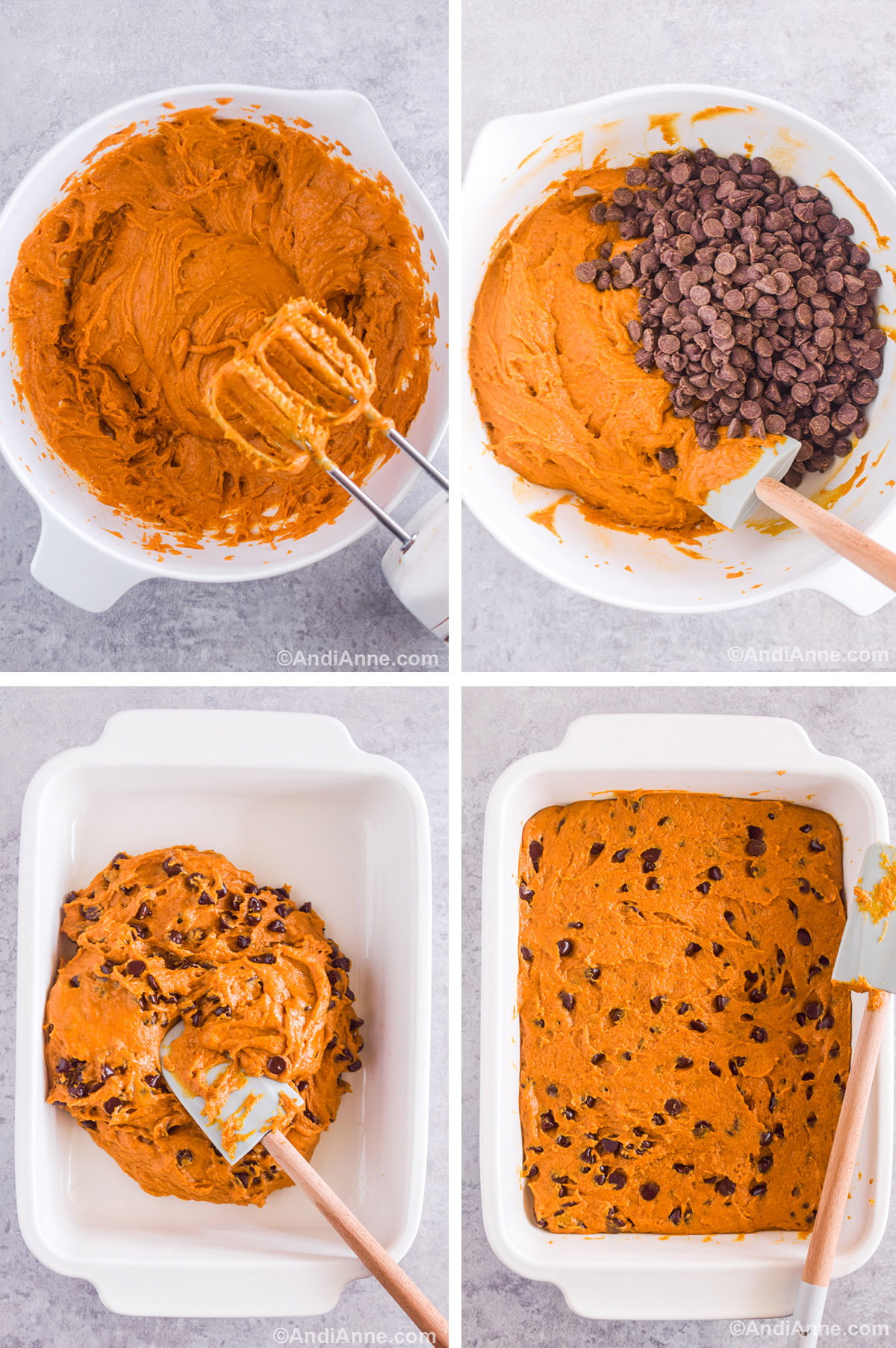 Four images together showing steps to make the recipe. First is white bowl with orange batter and a hand mixer. Second is orange batter in bowl with chocolate chips dumped on top. Third is orange batter with chocolate chips dumped into a rectangle white baking dish with a spatula. Fourth is cake raw batter smoothed into white baking dish.