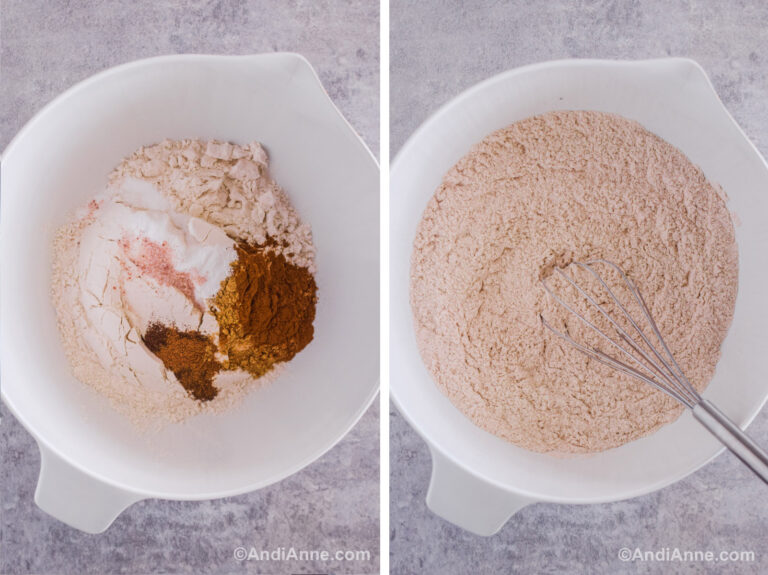 Two images of a white bowl. First with flour, baking soda and spices dumped in. Second with ingredients mixed together with a whisk.