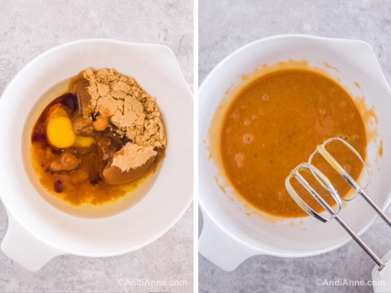 Two images of a white bowl. First with brown sugar, eggs, oil, and vanilla dumped in. Second with a brown liquid mixed together and electric mixer beside.