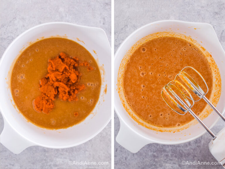 Two images of a white bowl with brown batter. First with pumpkin puree dumped on top. Second with puree mixed in and electric mixer beside it.