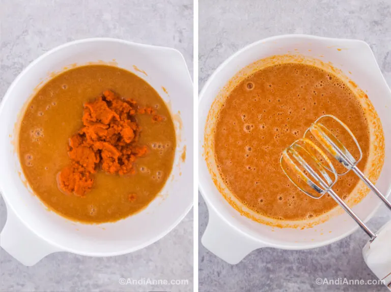 Two images of a white bowl with brown batter. First with pumpkin puree dumped on top. Second with puree mixed in and electric mixer beside it.