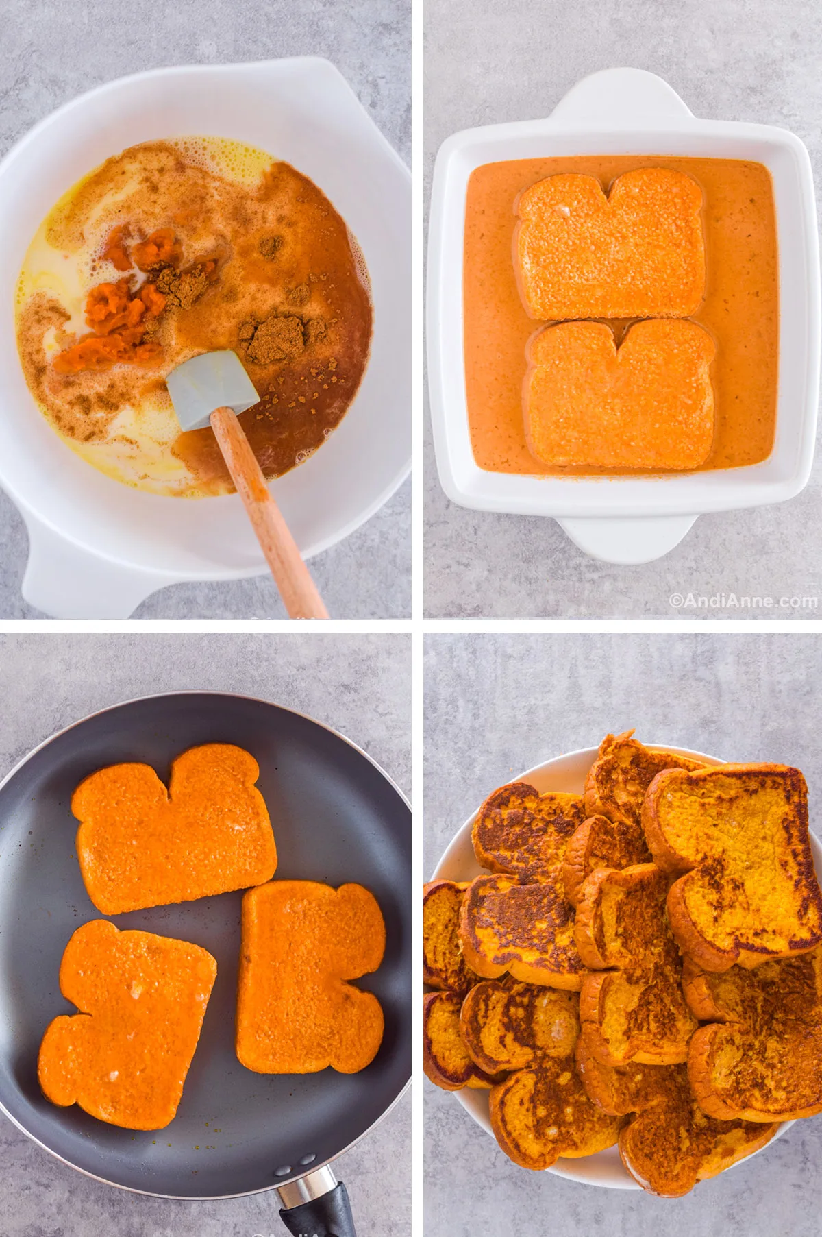 Four images showing steps to make recipe including a white bowl with batter ingredients dumped in with spatula. A square baking dish with orange batter and two slices of bread soaking. A frying pan with three slices of dipped uncooked french toast. And a white plate with a stack of cooked french toast slices.