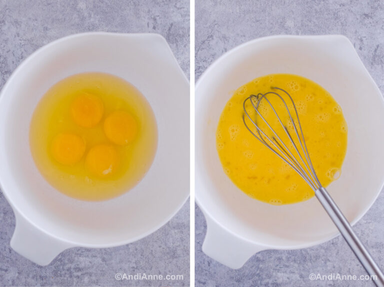 Two image of a white bowl. First with four eggs. Second with beaten eggs and a whisk.
