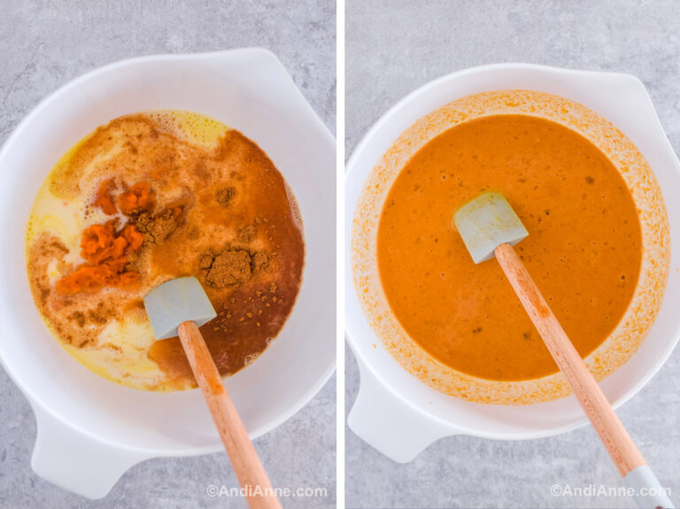 Two images of a white bowl. First with batter ingredients dumped in. Second with orange wet batter and spatula.