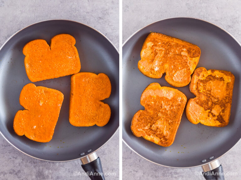 Two images of a frying pan. First with three uncooked slices of orange toast with batter. Second with three cooked slices of french toast.
