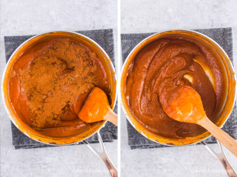 Two images of a large pot. First with spice sprinkled overtop of melted pumpkin puree and marshmallows. Second is spice mixed into the dark orange sauce.