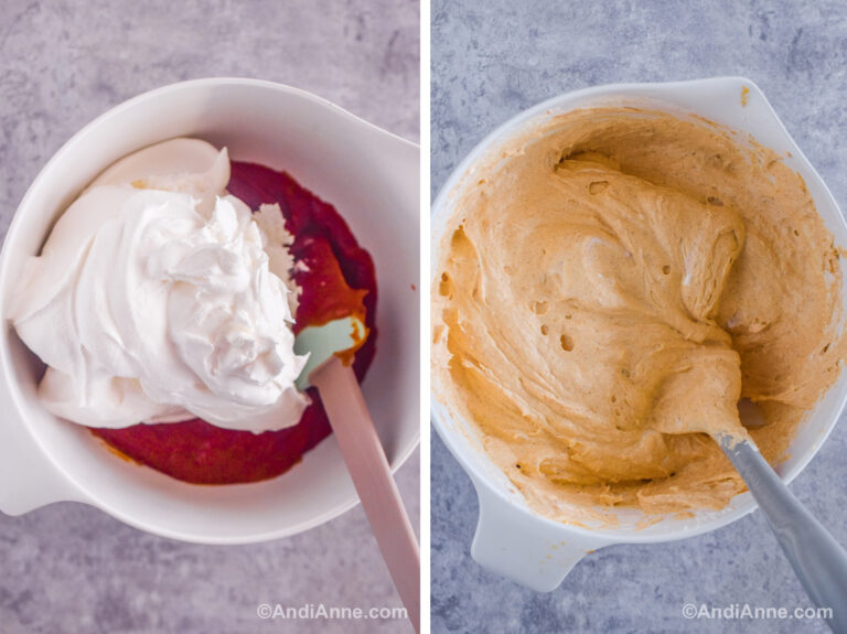 Two images of a large white bowl. First is pumpkin puree mixture with cool whip topping on top. Second is ingredients mixed together to create a light orange creamy mixture.