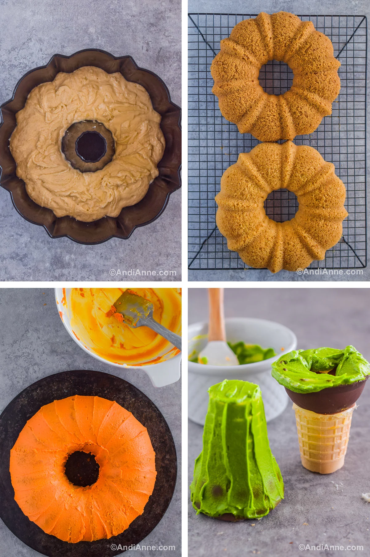 Four images showing steps to make the recipe. First is a bundt cake pan with cake batter inside. Second is two bundt cakes on a wire rack. Third is an frosted bundt cake with a bowl of leftover frosting. Fourth is two ice cream cones, one is frosted in green. The other has a top that's frosted.