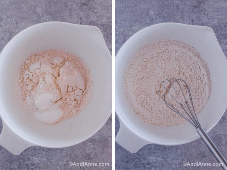 Two images of a bowl. First is dry ingredients unmixed. Second is ingredients mixed with a whisk.