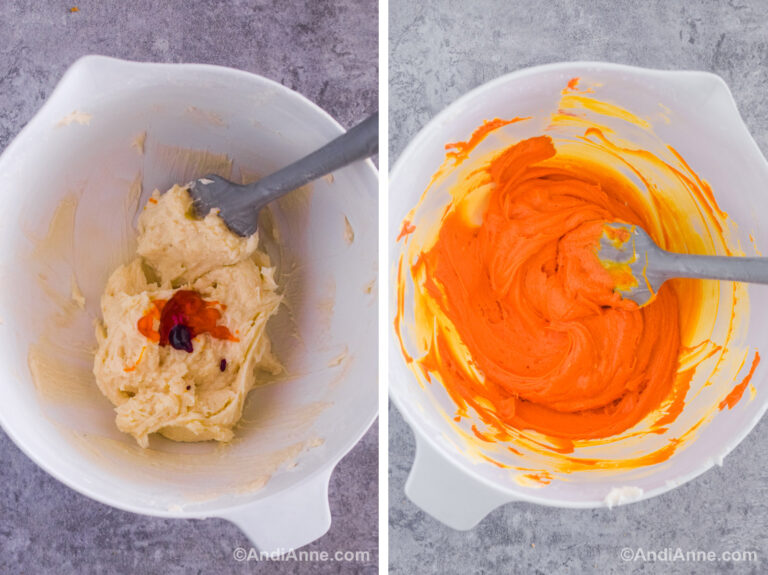 Two images of a bowl. First is frosting with gel food coloring dumped in. Second is orange frosting in bowl with a spatula.
