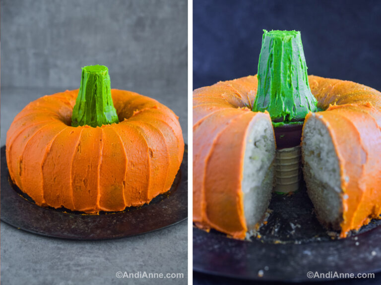 Two images of the pumpkin shaped cake with a green ice cream cone stem. Second has a slice cut out so you can see the white cake inside and where the ice cream cones are sitting in the middle.