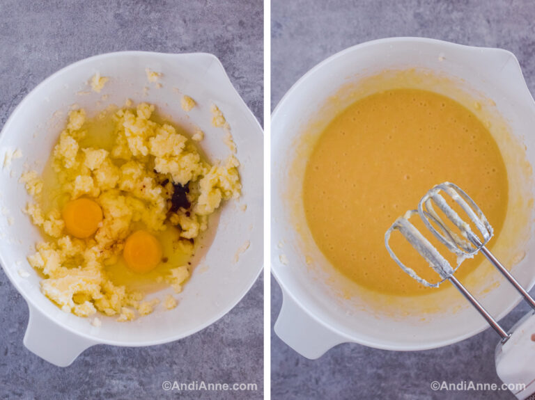 Two images of a bowl. First is creamed butter with eggs and vanilla. Second is with a yellow liquid and hand mixer.