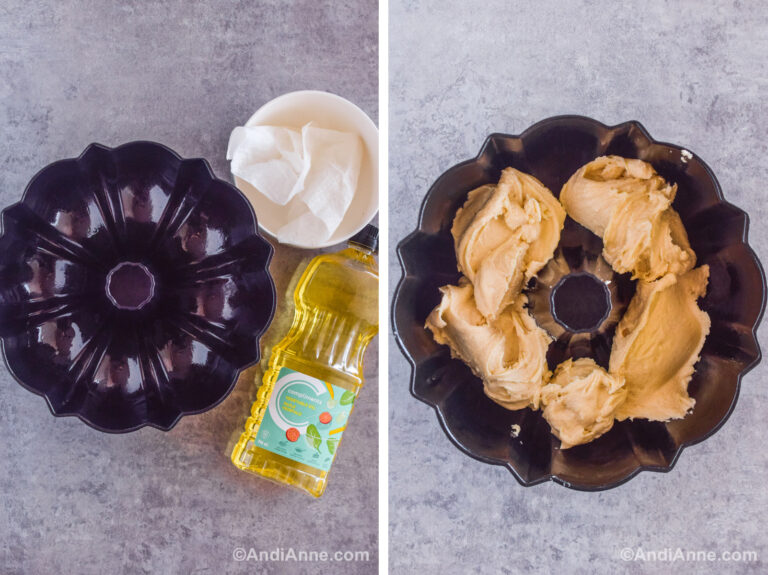 Two images of a bundt cake pan. First is the pan, paper towel and container of oil. Second is pan with batter dumped in.
