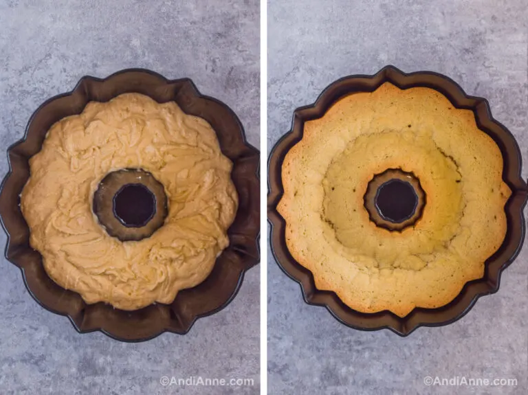 Two images of a bundt cake pan. First is cake batter inside. Second is baked cake.