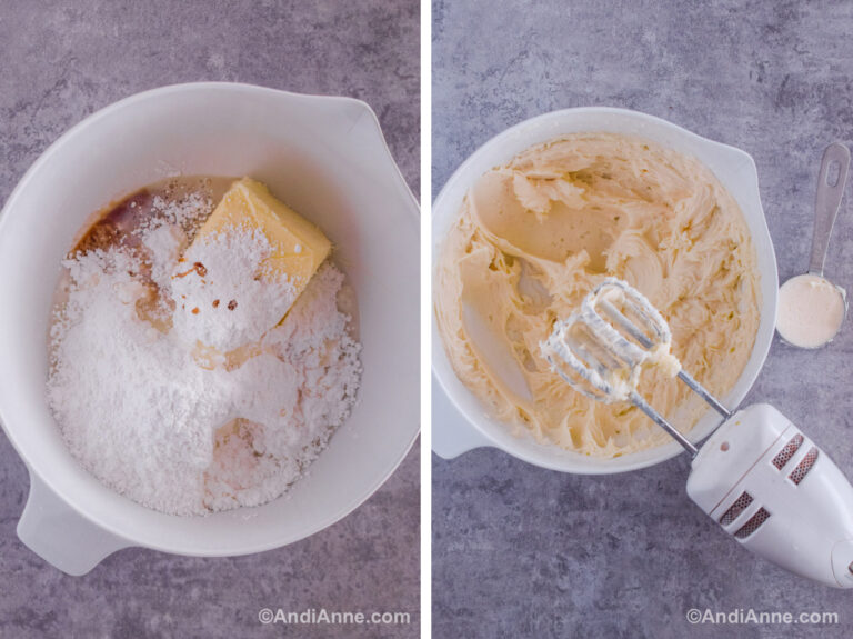 Two images of a white bowl. First is icing ingredients dumped in. Second is blended white icing with a hand mixer.