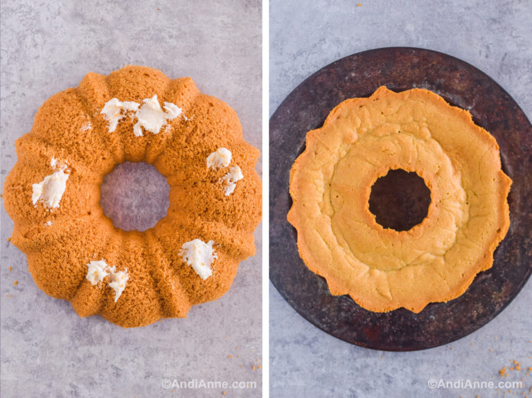 Two images, first is bundt cake with dots of frosting on bottom. Second is bundt cake sitting on a plate.