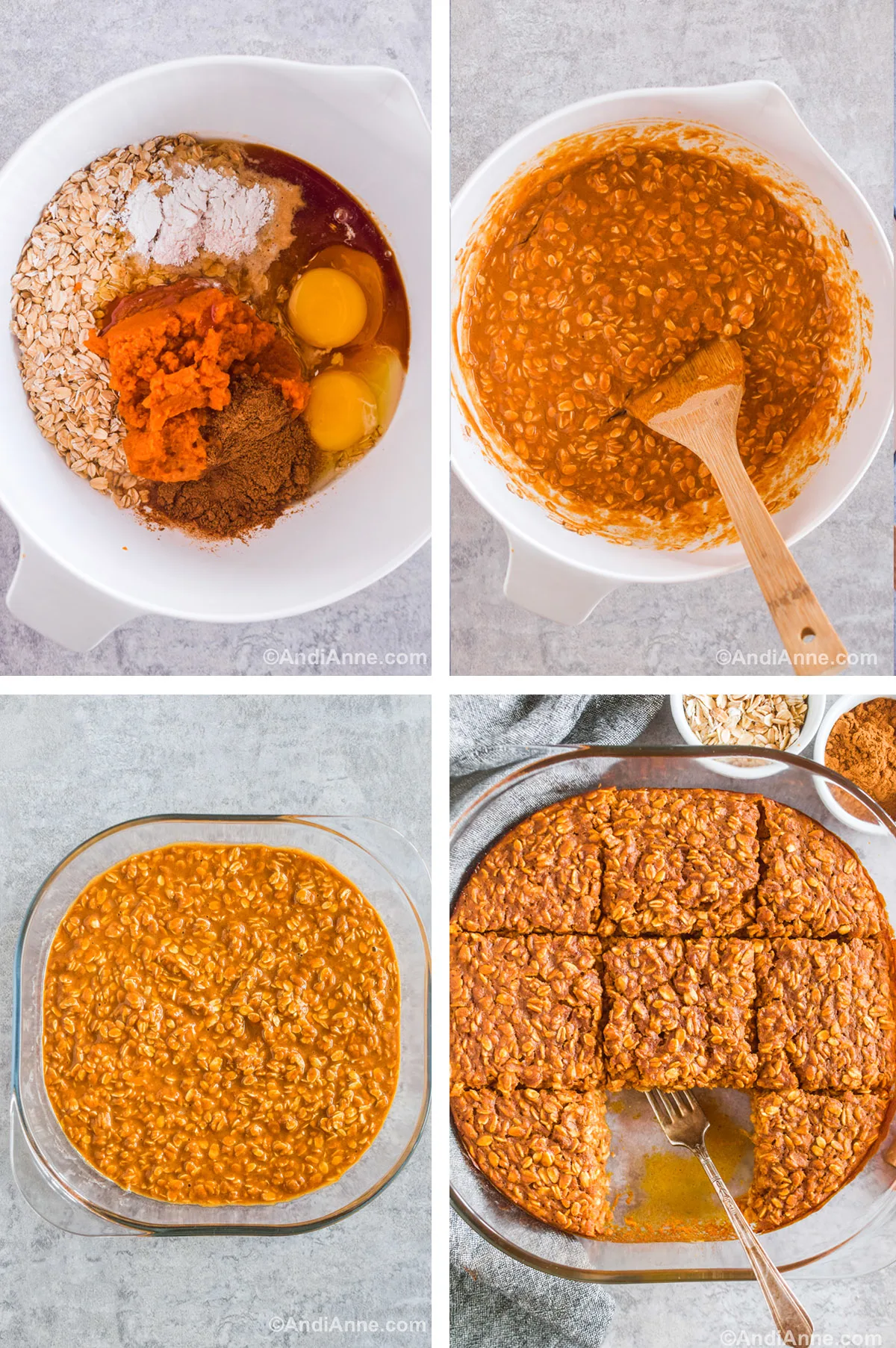 Four images grouped together. A white bowl with all ingredients dumped inside. Second is a white bowl with wet batter and a wood spatula. Third is wet batter poured into a square baking dish. Fourth is baked pumpkin spice oats cut into slices and one serving taken out with a fork inside and two small bowls surrounding it.
