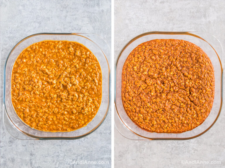 Two images of a glass square baking dish grouped together. First is wet pumpkin oat batter dumped in. Second is baked pumpkin spiced oats.