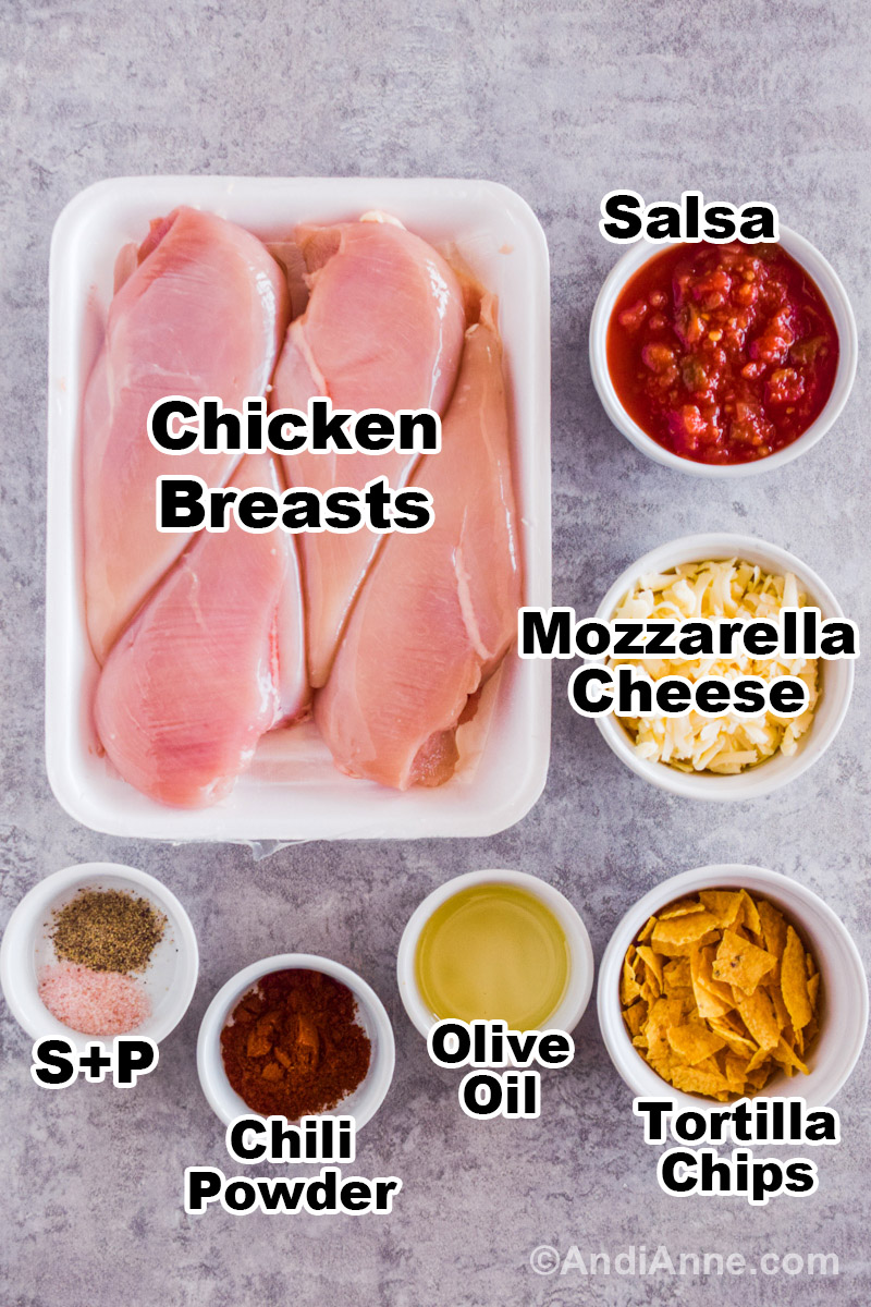 Recipe ingredients on the counter including a container of raw chicken breasts, white bowls with salsa, mozzarella cheese, olive oil, tortilla chips, chili powder, salt and pepper.
