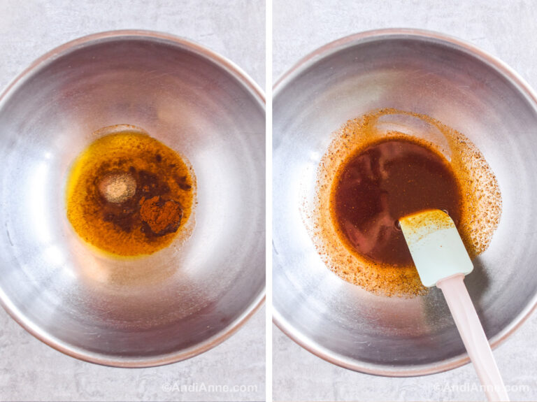Two images. First is steel bowl with spices and oil dumped in. Second is sauce in a steel bowl with a spatula.