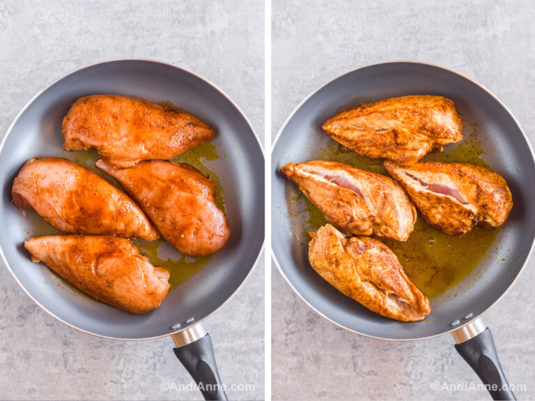 Two images of a frying pan first is raw chicken covered in spices. Second is seared chicken breasts covered in spices.