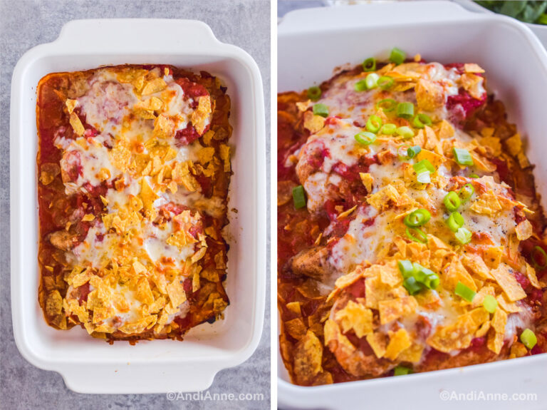 Two images together of a white baking dish. First is chicken breast with salsa, cheese and tortilla chips. Second is side angle of baked chicken with salsa, cheese, and tortilla chips with green onions on top.