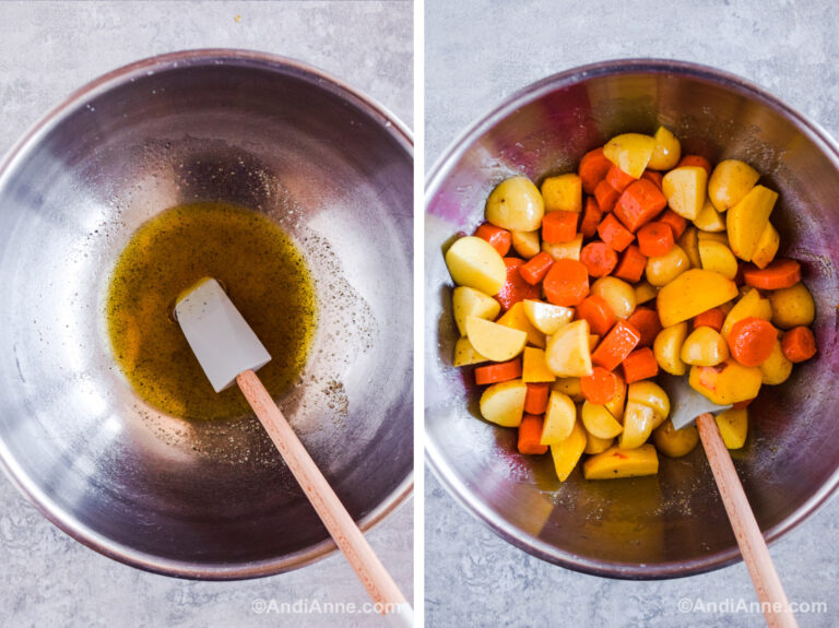 Two images of a steel bowl, first with olive oil, salt and pepper and a spatula. Second with chopped vegetables inside and a spatula.