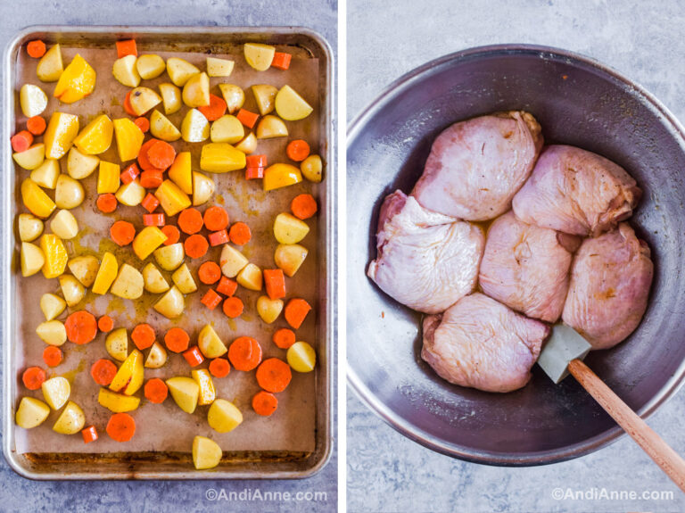 Two images. First is a baking sheet with chopped root vegetables. Second is raw chicken thighs in a steel bowl with a spatula.
