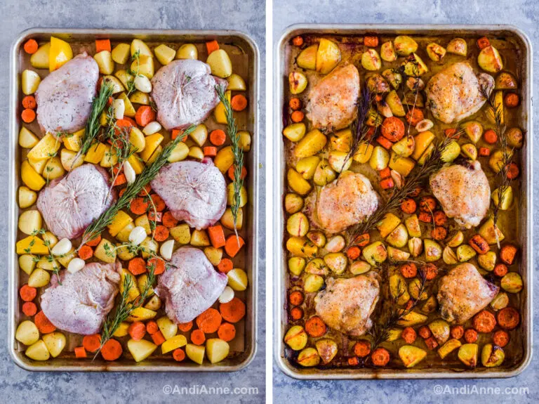 Two images of a sheet pan with chopped vegetables, chicken thighs and fresh herbs. First image is raw, second image is cooked.