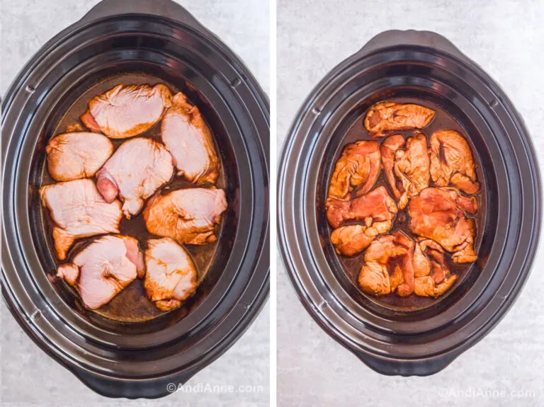 Two images of a slow cooker. First with brown sauce and 8 chicken raw chicken thighs on top. Second with chicken thighs coated in sauce facing skin side down.