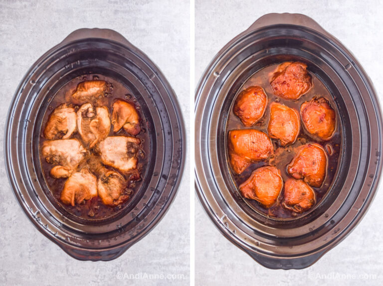 Two images of a slow cooker. First is cooked chicken thighs in sauce skin side down. Second is cooked chicken thighs skin side up.