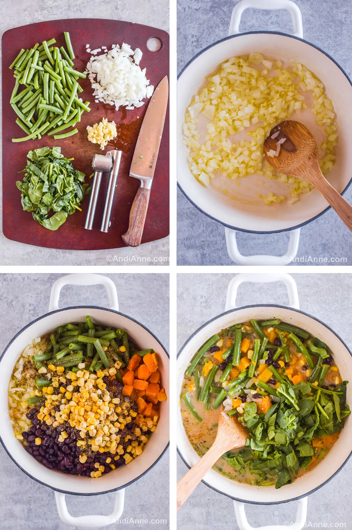 Four images grouped together including a cutting board with green beans, chopped spinach, onion, garlic, knife and garlic press. A white bowl of sauteed onions and a wood spoon. A white pot with black beans, corn, butternut squash, and green beans. Third photo is soup with spinach dumped on top.
