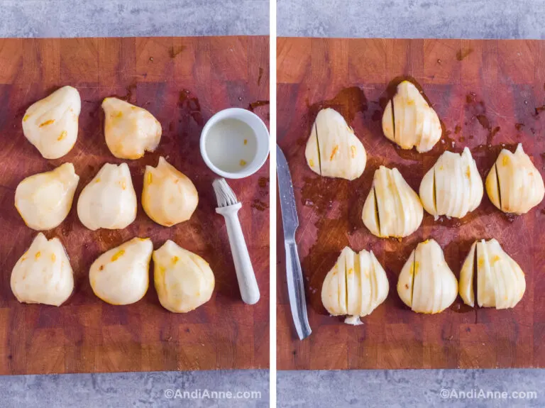 Two images of a cutting board with pears. First is pears brushed with lemon juice, second is pears halved and sliced into strips.