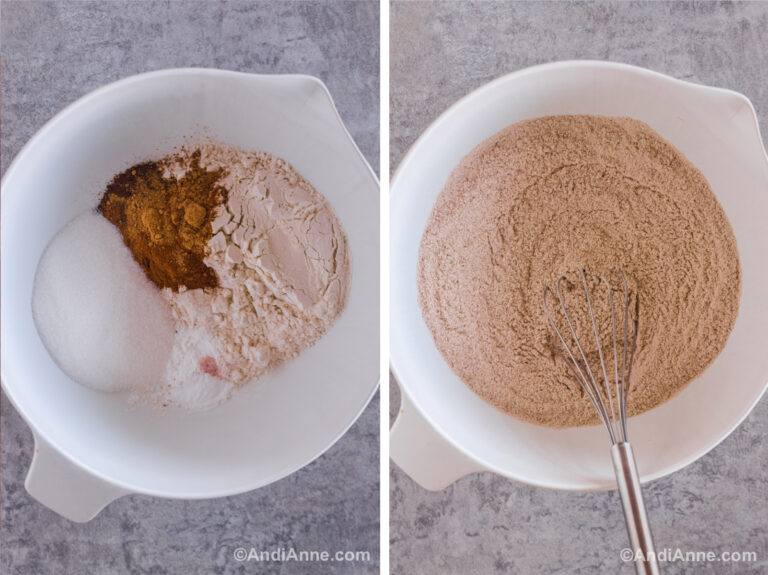 Two images of a white bowl. First is dry ingredients dumped in unmixed. Second is dry ingredients mixed together.