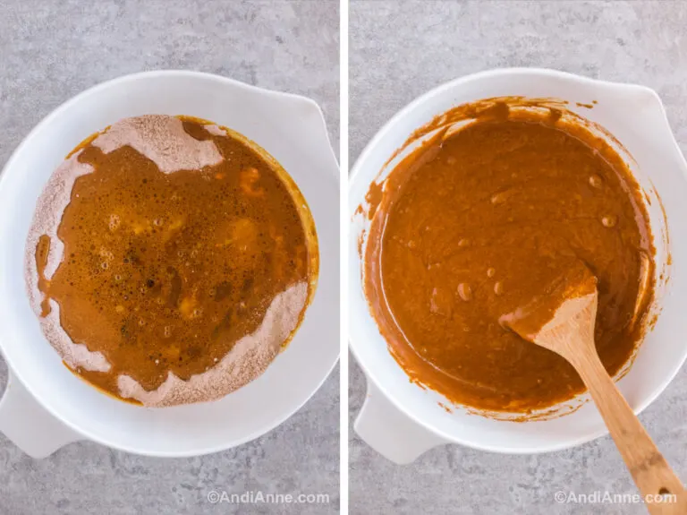 Two images of a white bowl. First is wet ingredients poured on top of dry ingredients. Second is a dark brown cake batter with a wood spoon inside.