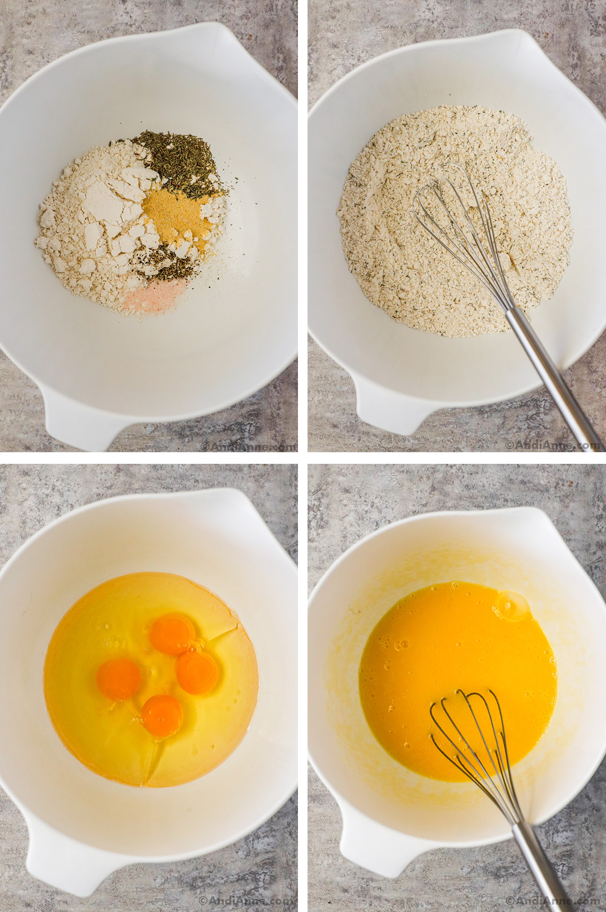 Four images grouped together. First is dry ingredients unmixed in a bowl. Second is dry ingredients mixed with a whisk. Third is eggs in a bowl. Fourth is eggs beaten together.