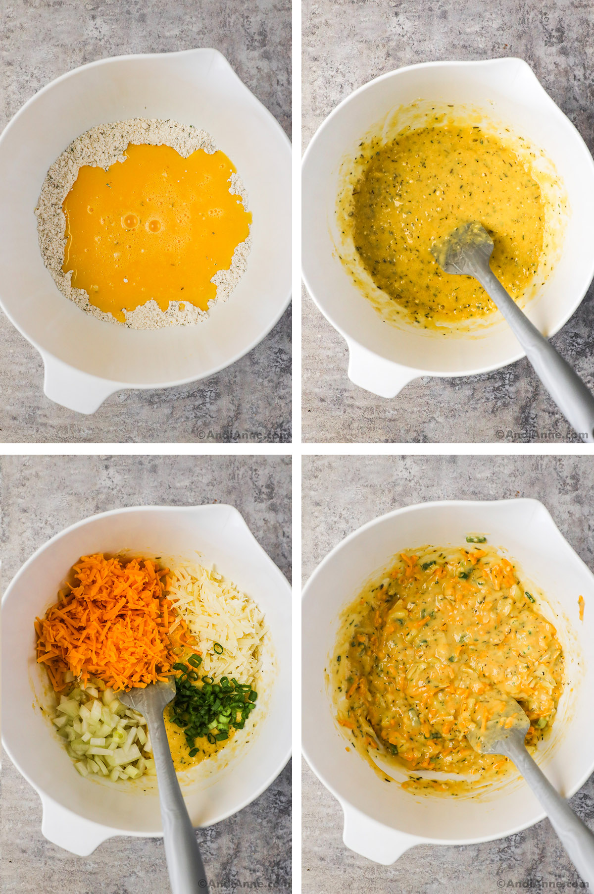 Four images, first is bowl with dry ingredients and wet ingredients on top. Second is yellow batter with spatula. Third is shredded cheddar and parmesan cheese, chopped onion and green onion dumped over batter with spatula. Fourth image is all ingredients mixed together.